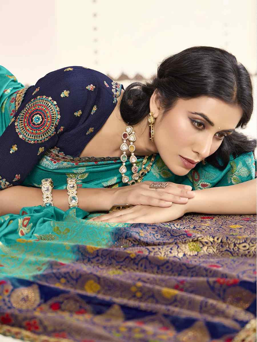 Sky Blue Silk Embroidered Festival Wedding Fancy Heavy Border Saree