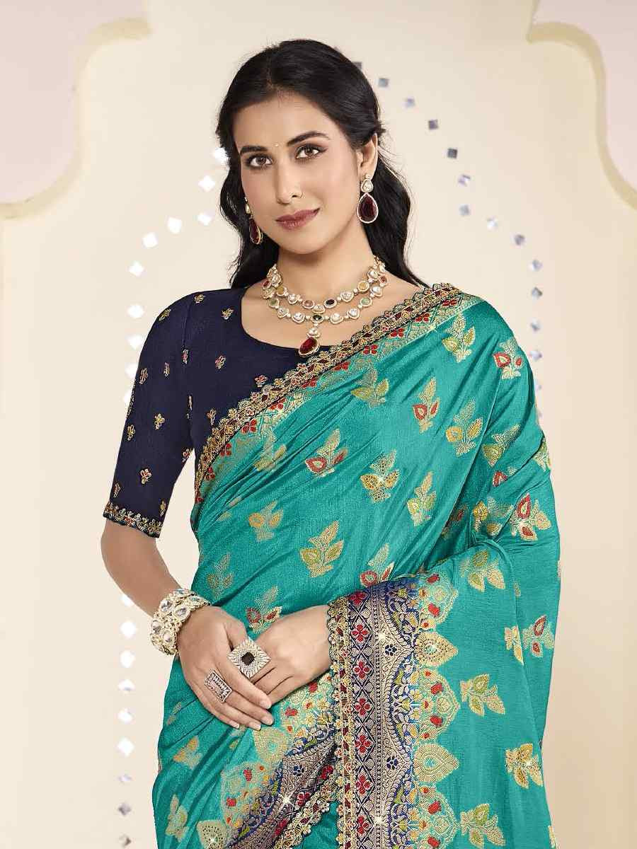 Sky Blue Silk Embroidered Festival Wedding Fancy Heavy Border Saree