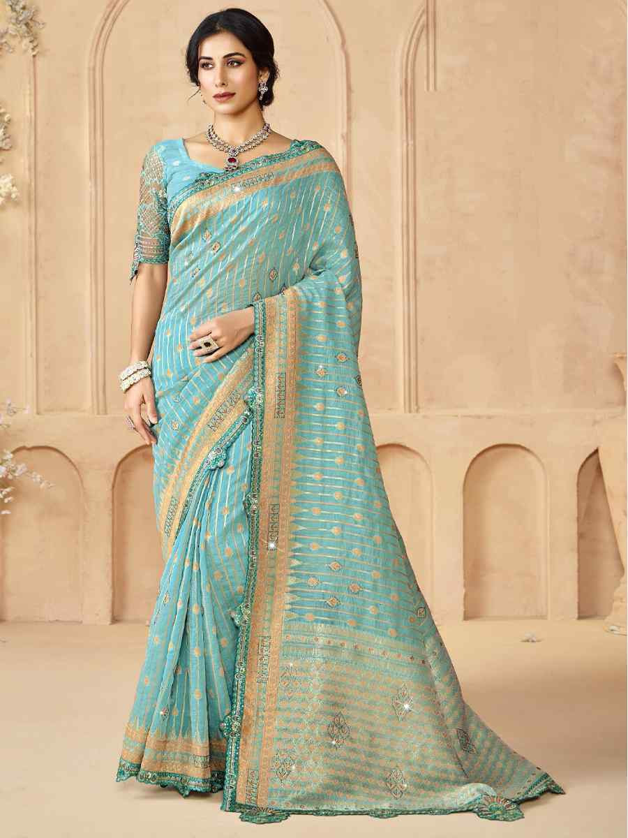 Sky Blue Silk Embroidered Festival Wedding Fancy Heavy Border Saree