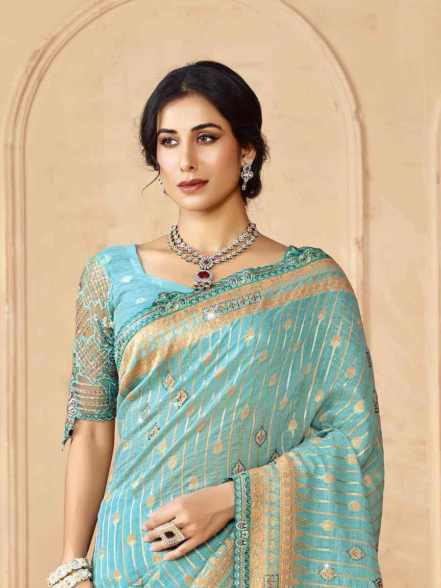 Sky Blue Silk Embroidered Festival Wedding Fancy Heavy Border Saree