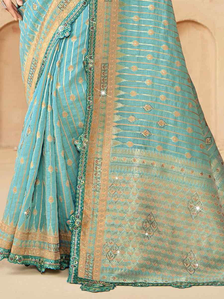 Sky Blue Silk Embroidered Festival Wedding Fancy Heavy Border Saree