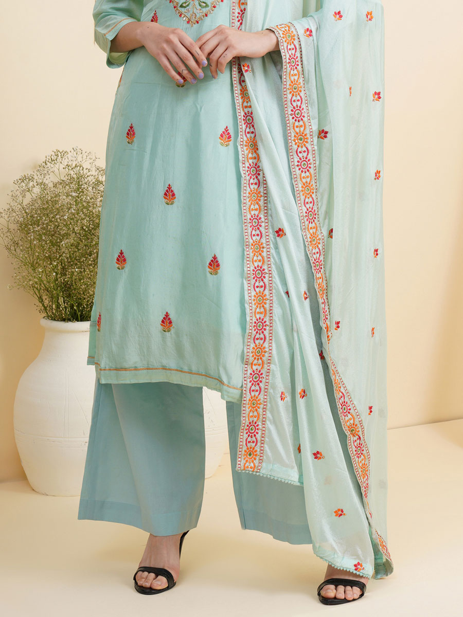 Sky Blue Silk Embroidered Party Palazzo Pant Kameez