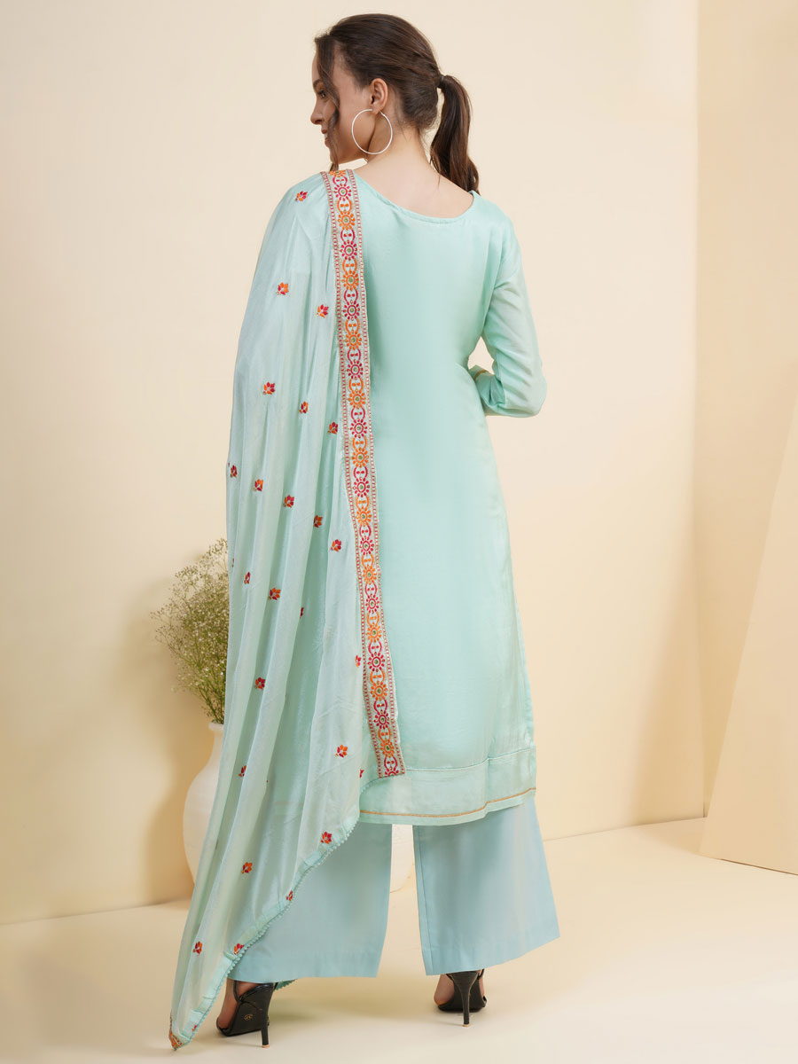 Sky Blue Silk Embroidered Party Palazzo Pant Kameez