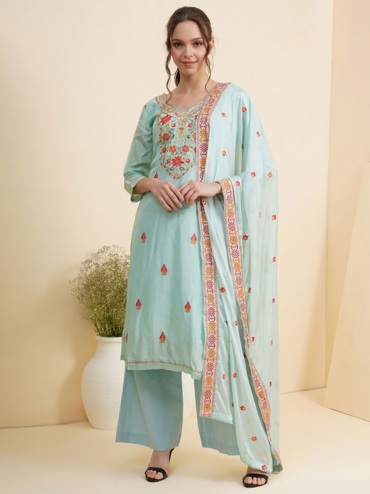 Sky Blue Silk Embroidered Party Palazzo Pant Kameez