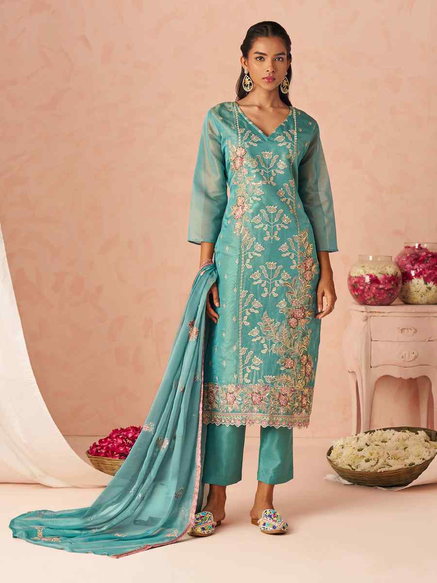 Sky Blue Silk Embroidered Party Wedding Ready Pant Salwar Kameez