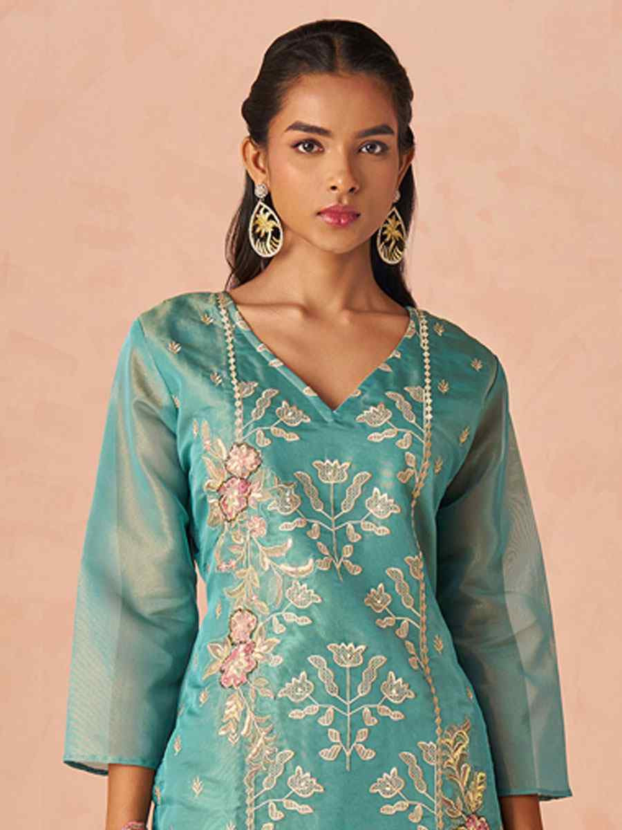 Sky Blue Silk Embroidered Party Wedding Ready Pant Salwar Kameez