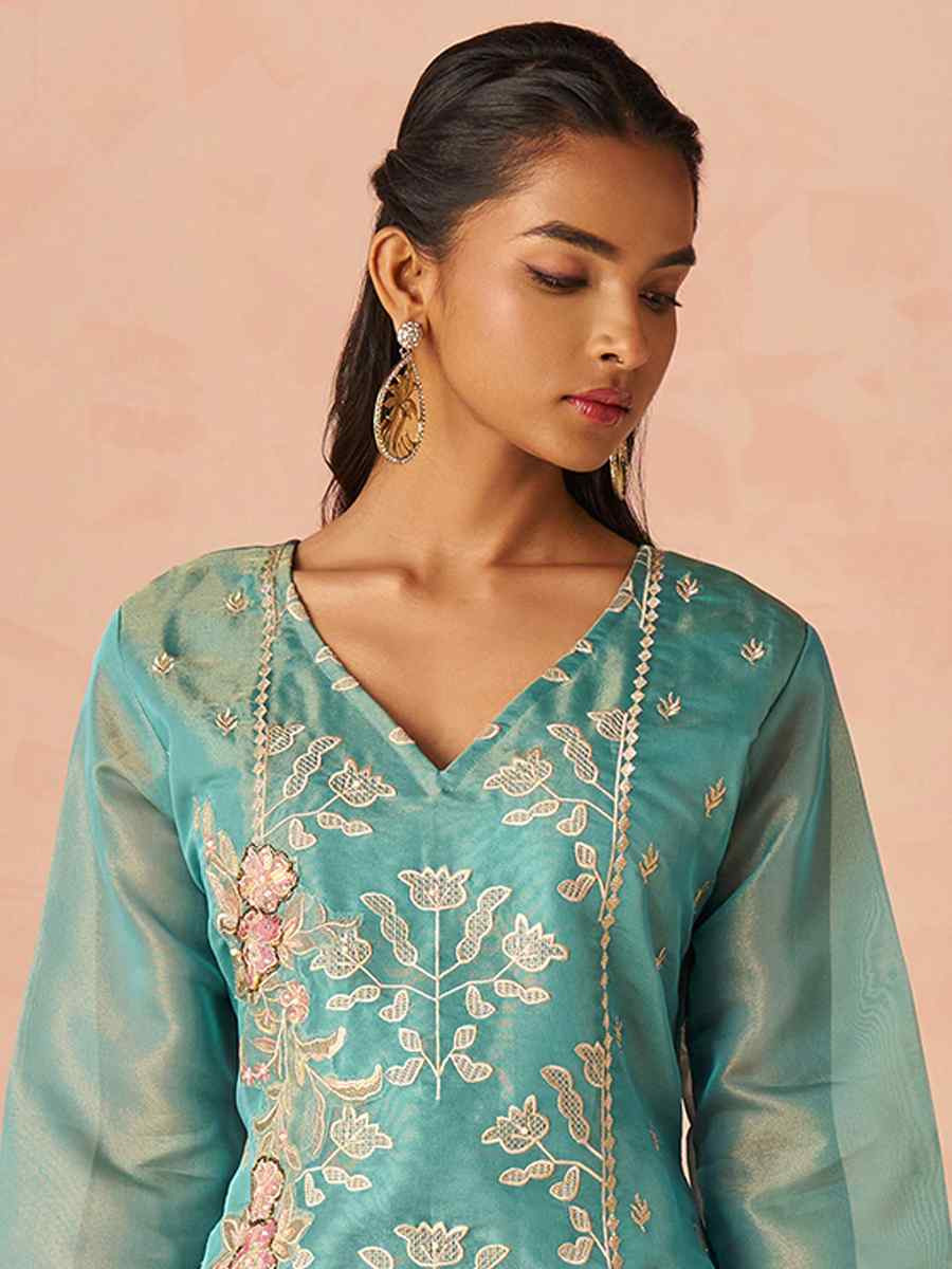 Sky Blue Silk Embroidered Party Wedding Ready Pant Salwar Kameez