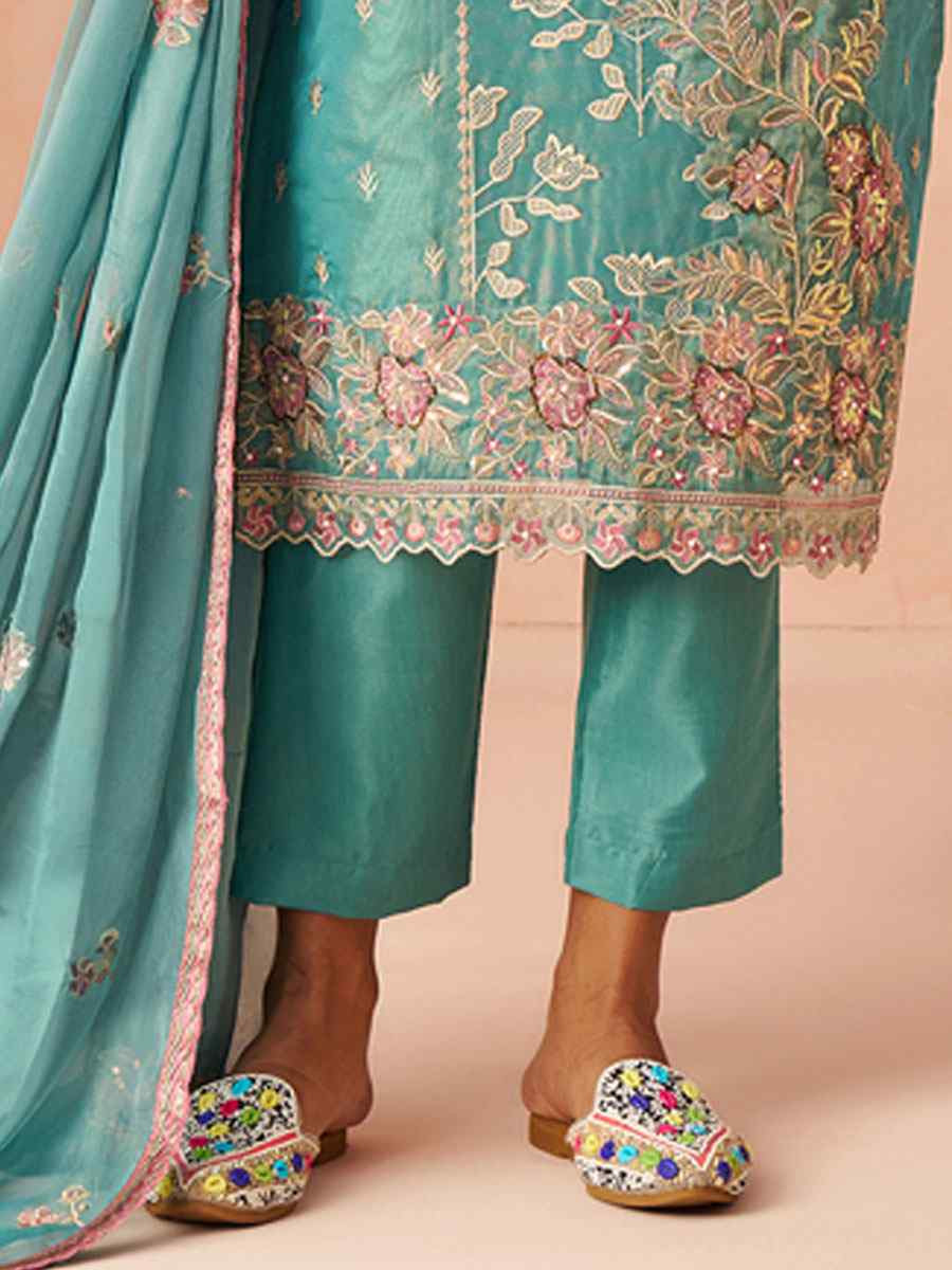 Sky Blue Silk Embroidered Party Wedding Ready Pant Salwar Kameez