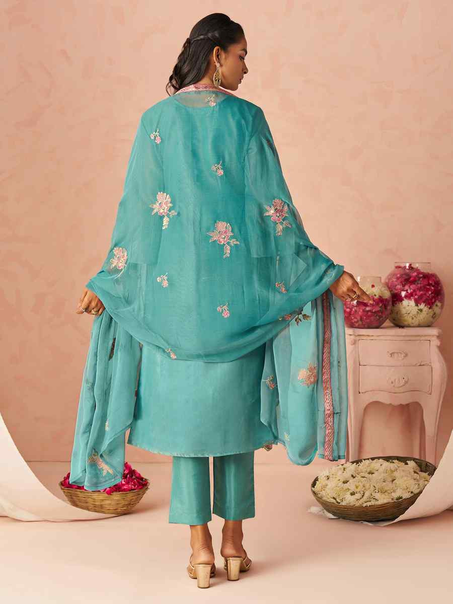 Sky Blue Silk Embroidered Party Wedding Ready Pant Salwar Kameez