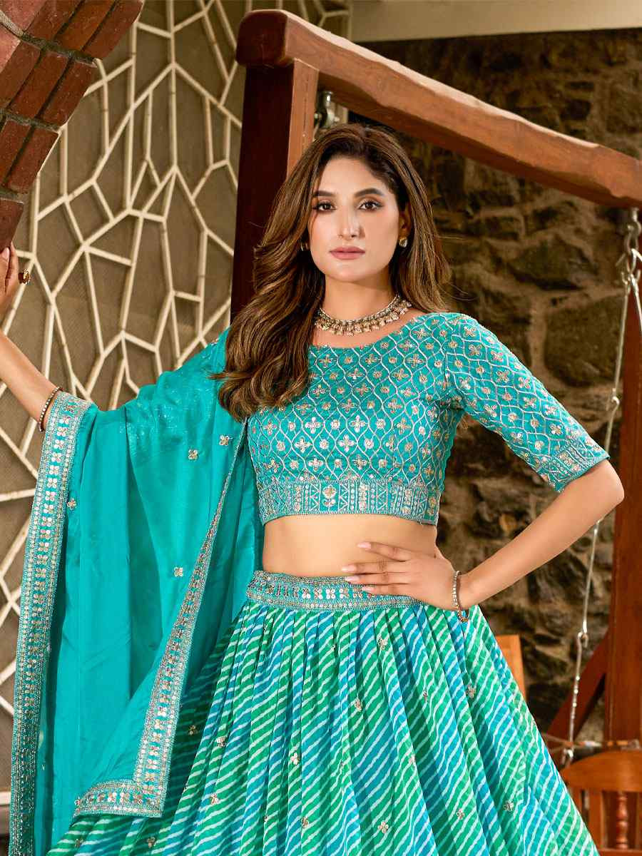 Sky Blue Silk Embroidered Printed Wedding Reception Festival Heavy Border Lehenga Choli
