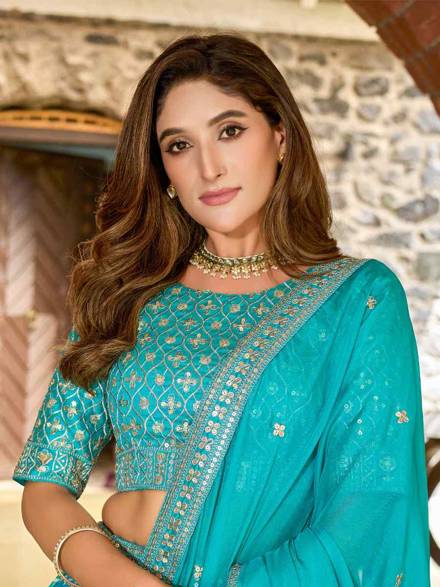 Sky Blue Silk Embroidered Printed Wedding Reception Festival Heavy Border Lehenga Choli