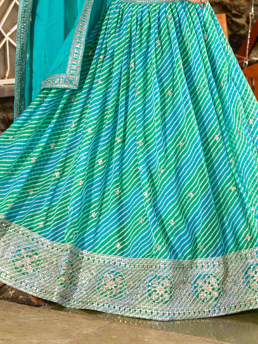 Sky Blue Silk Embroidered Printed Wedding Reception Festival Heavy Border Lehenga Choli