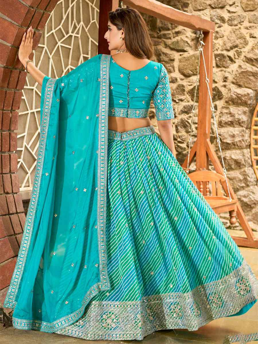Sky Blue Silk Embroidered Printed Wedding Reception Festival Heavy Border Lehenga Choli
