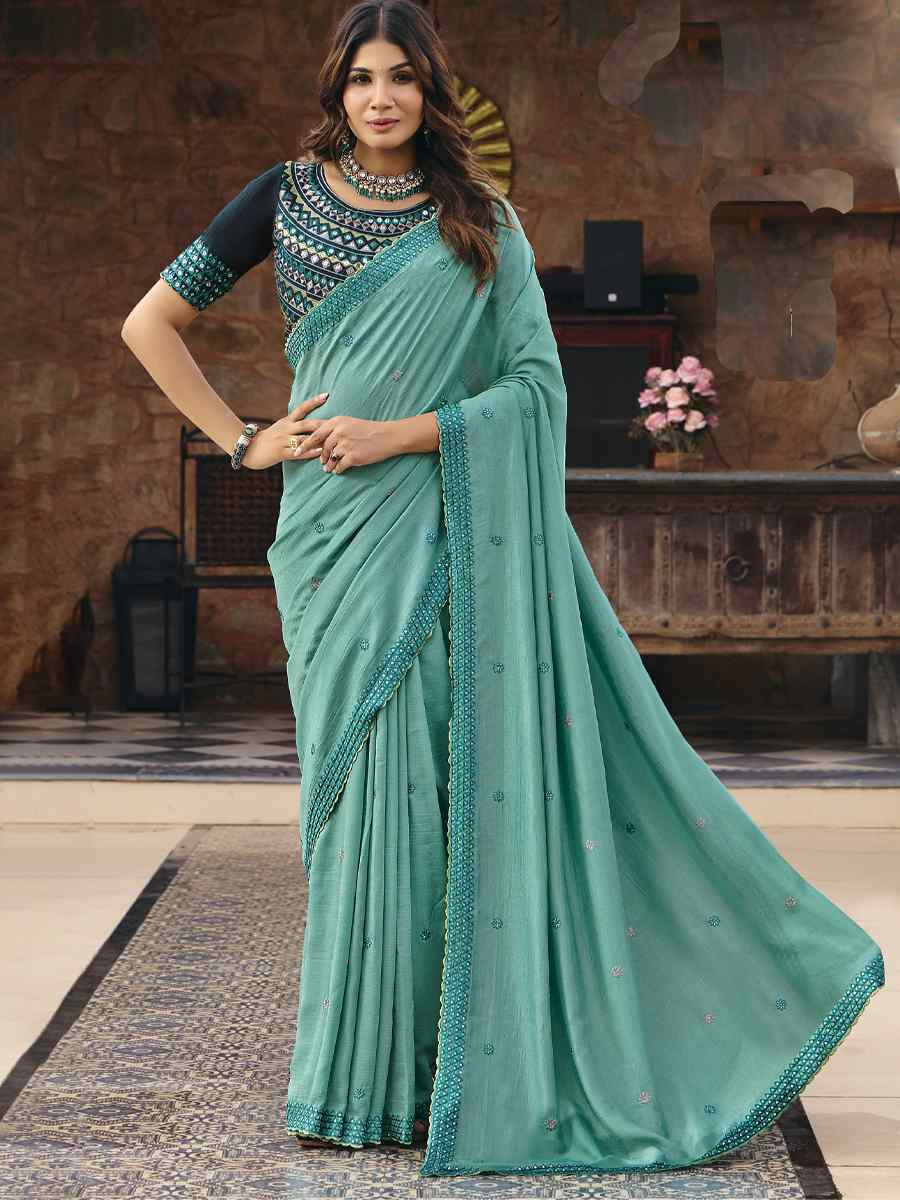 Sky Blue Silk Embroidery Bridal Reception Festival Wedding Fancy Heavy Border Saree