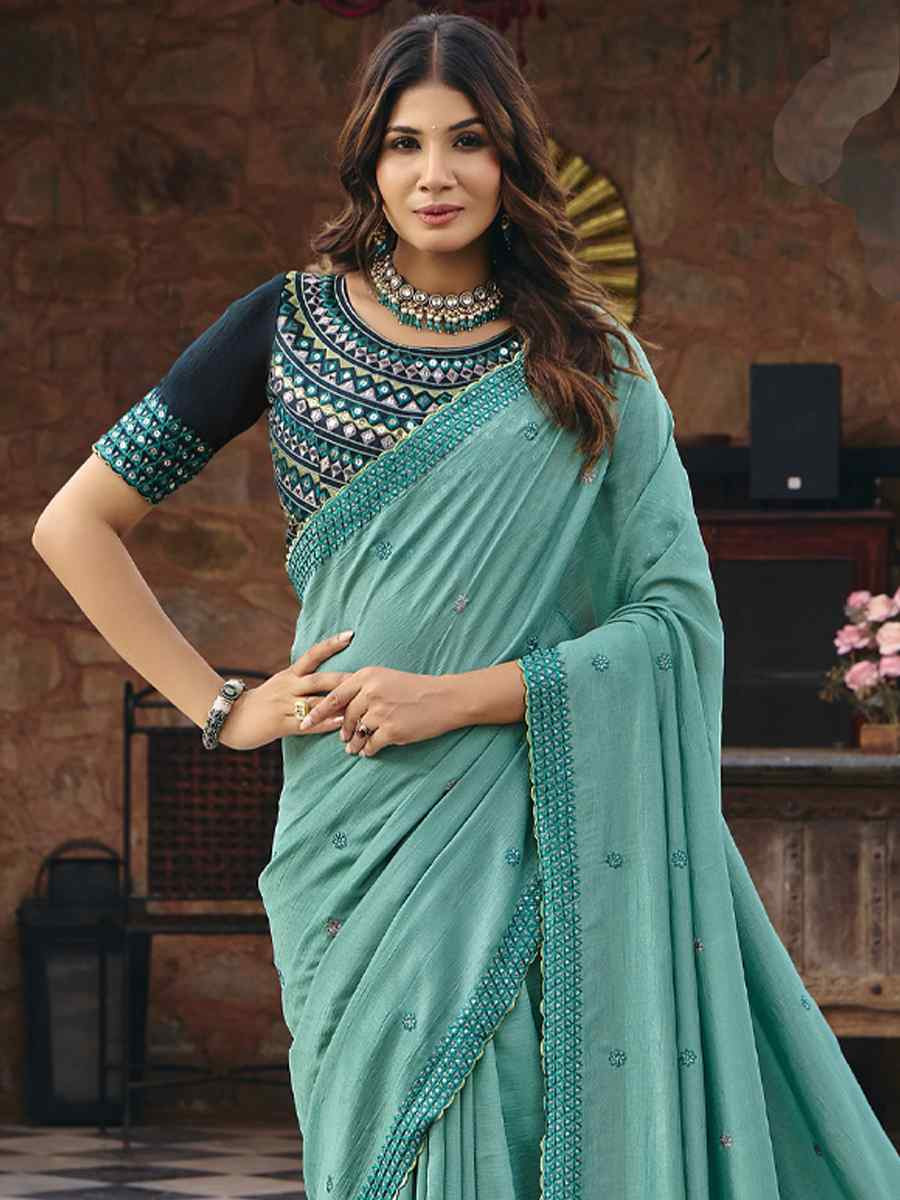 Sky Blue Silk Embroidery Bridal Reception Festival Wedding Fancy Heavy Border Saree