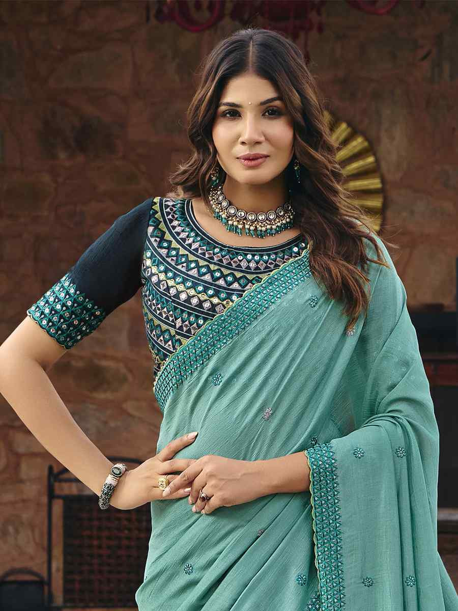 Sky Blue Silk Embroidery Bridal Reception Festival Wedding Fancy Heavy Border Saree