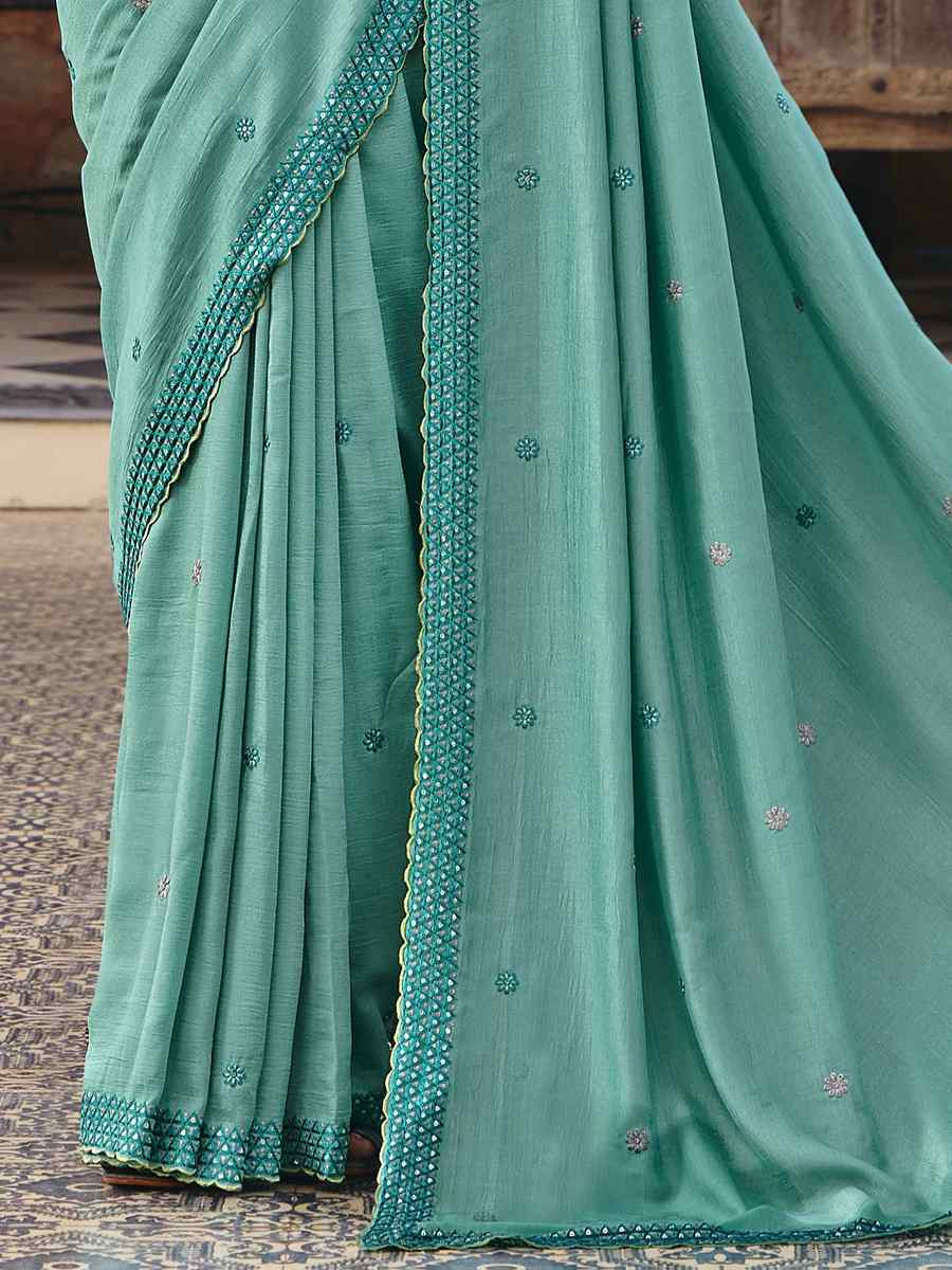Sky Blue Silk Embroidery Bridal Reception Festival Wedding Fancy Heavy Border Saree