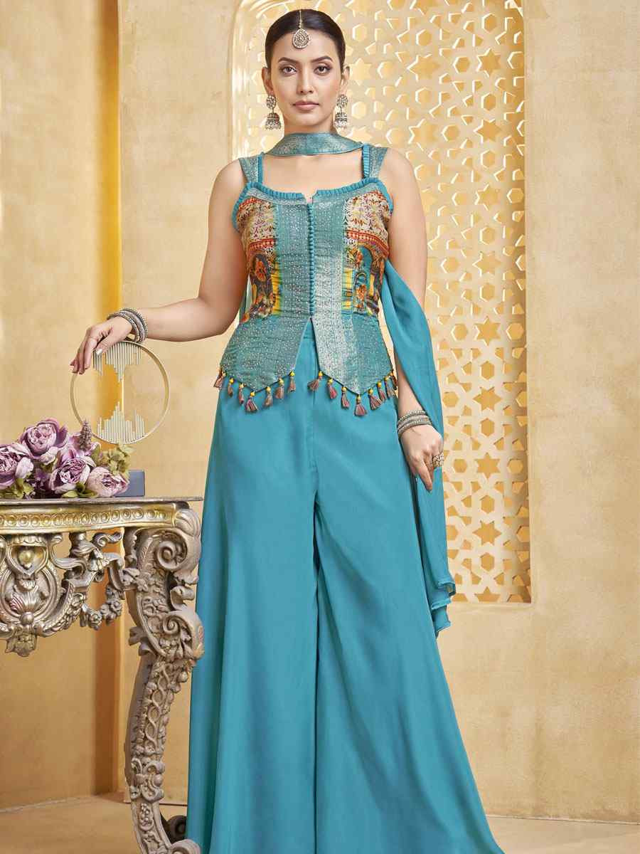 Sky Blue Silk Embroidery Party Wedding Festival Casual Ready Palazzo Pant Salwar Kameez