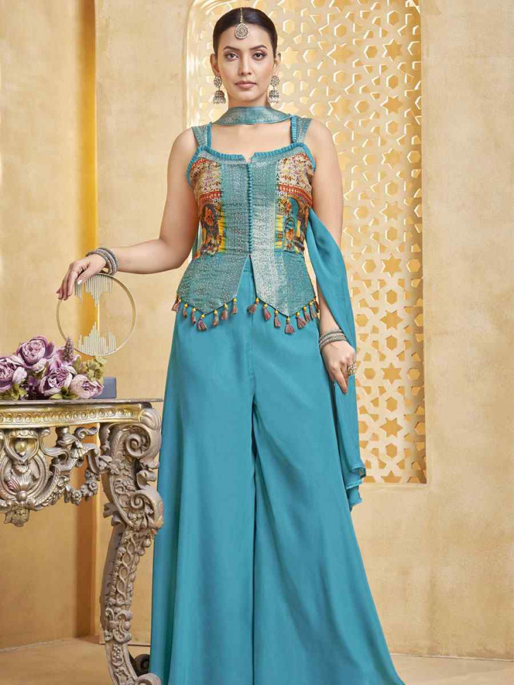 Image of Sky Blue Silk Embroidery Party Wedding Festival Casual Ready Palazzo Pant Salwar Kameez