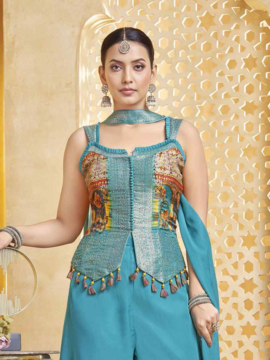 Sky Blue Silk Embroidery Party Wedding Festival Casual Ready Palazzo Pant Salwar Kameez