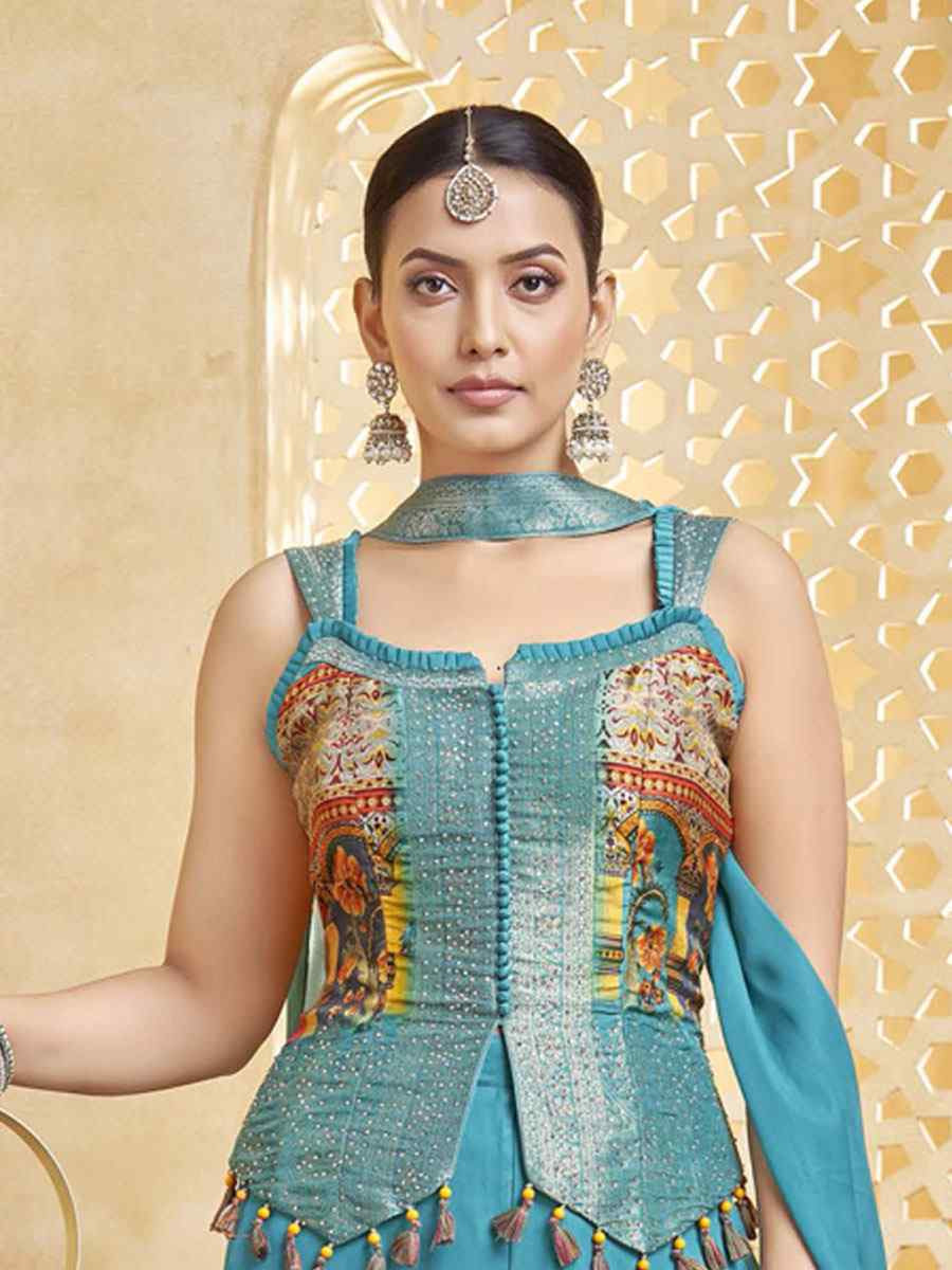 Sky Blue Silk Embroidery Party Wedding Festival Casual Ready Palazzo Pant Salwar Kameez