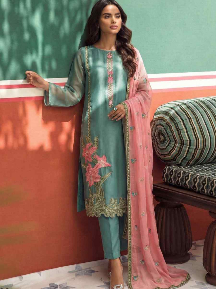 Image of Sky Blue Silk Embroidery Party Wedding Festival Casual Ready Pant Salwar Kameez