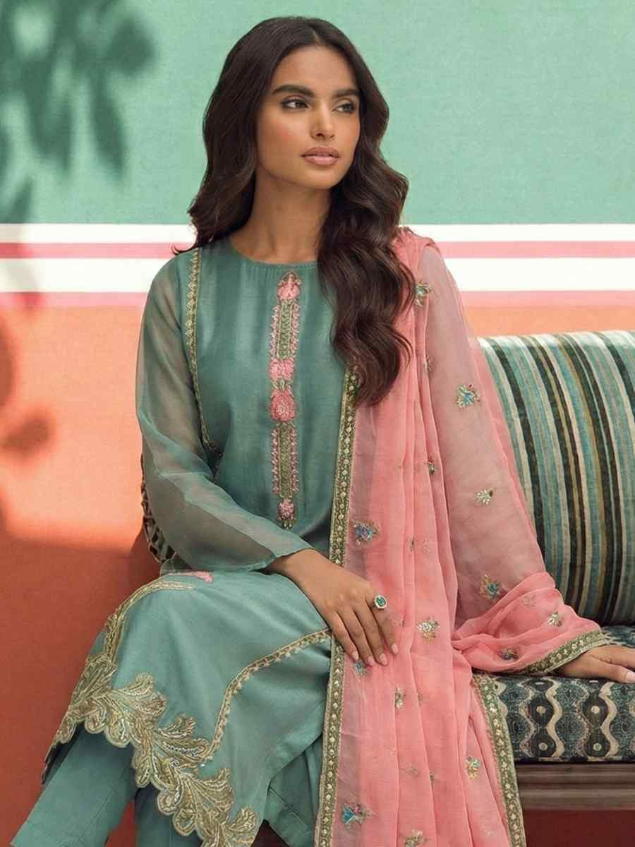 Sky Blue Silk Embroidery Party Wedding Festival Casual Ready Pant Salwar Kameez