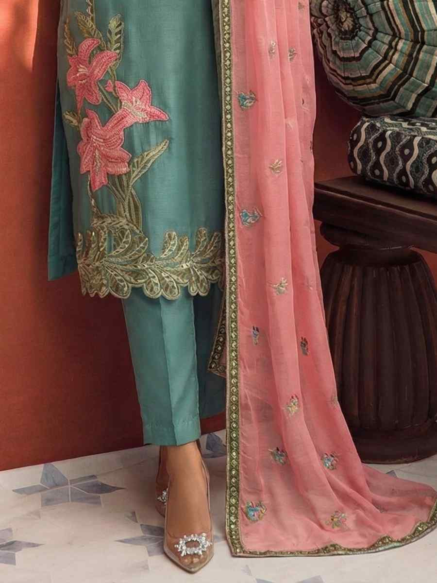 Sky Blue Silk Embroidery Party Wedding Festival Casual Ready Pant Salwar Kameez