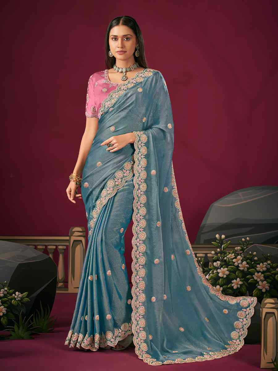 Sky Blue Silk Embroidery Traditional Bridal Reception Festival Wedding Fancy Heavy Border Saree