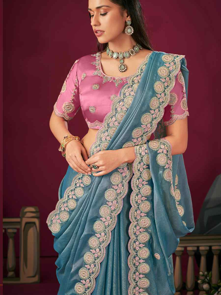 Sky Blue Silk Embroidery Traditional Bridal Reception Festival Wedding Fancy Heavy Border Saree