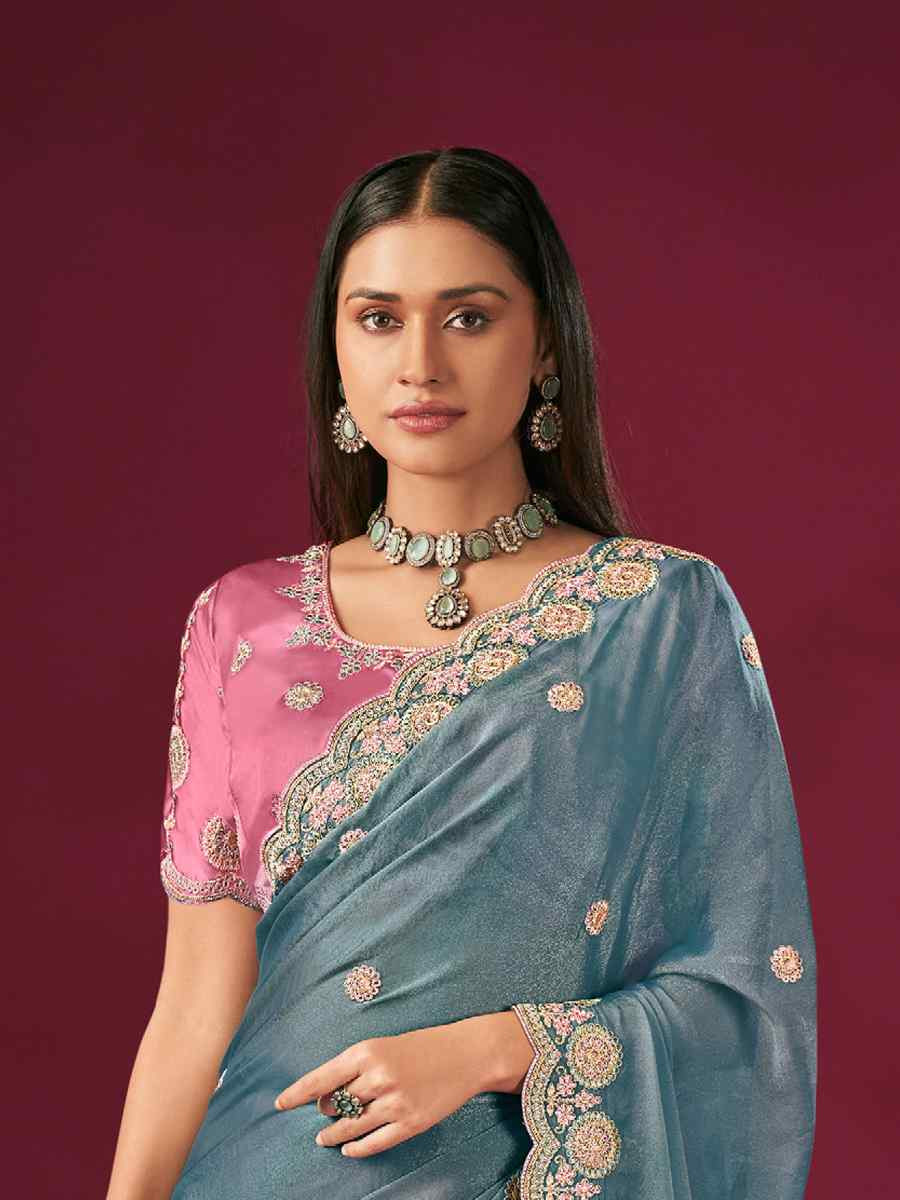 Sky Blue Silk Embroidery Traditional Bridal Reception Festival Wedding Fancy Heavy Border Saree