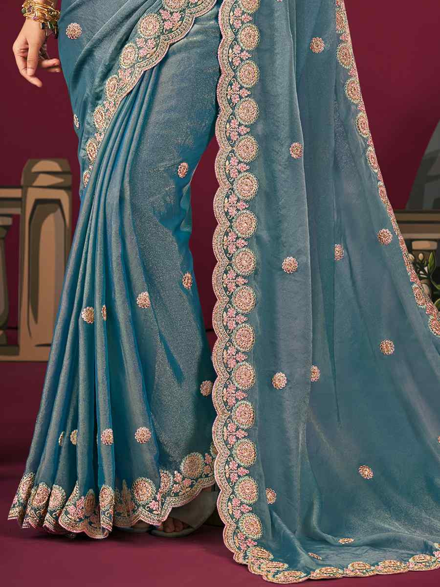 Sky Blue Silk Embroidery Traditional Bridal Reception Festival Wedding Fancy Heavy Border Saree