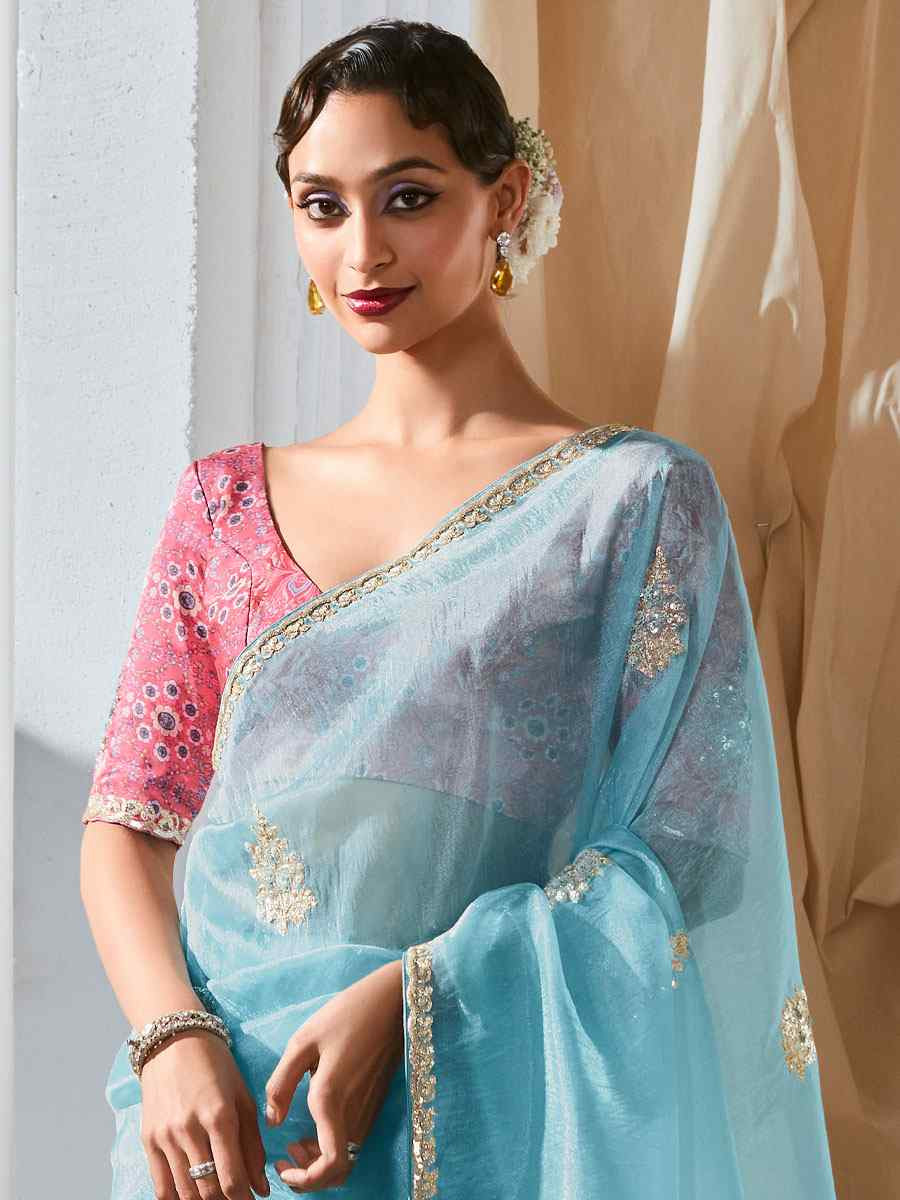 Sky Blue Silk Embroidery Traditional Bridal Reception Festival Wedding Fancy Heavy Border Saree