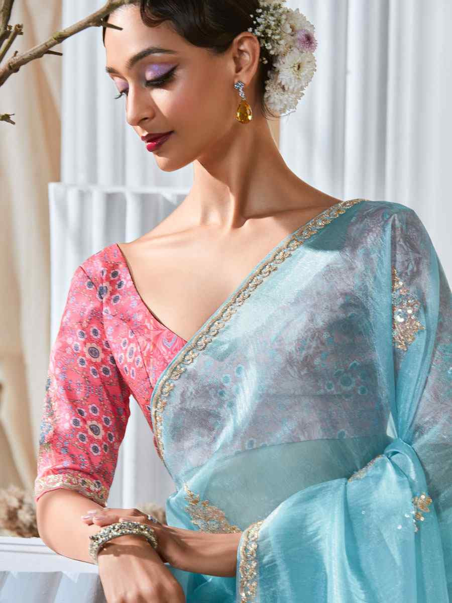 Sky Blue Silk Embroidery Traditional Bridal Reception Festival Wedding Fancy Heavy Border Saree