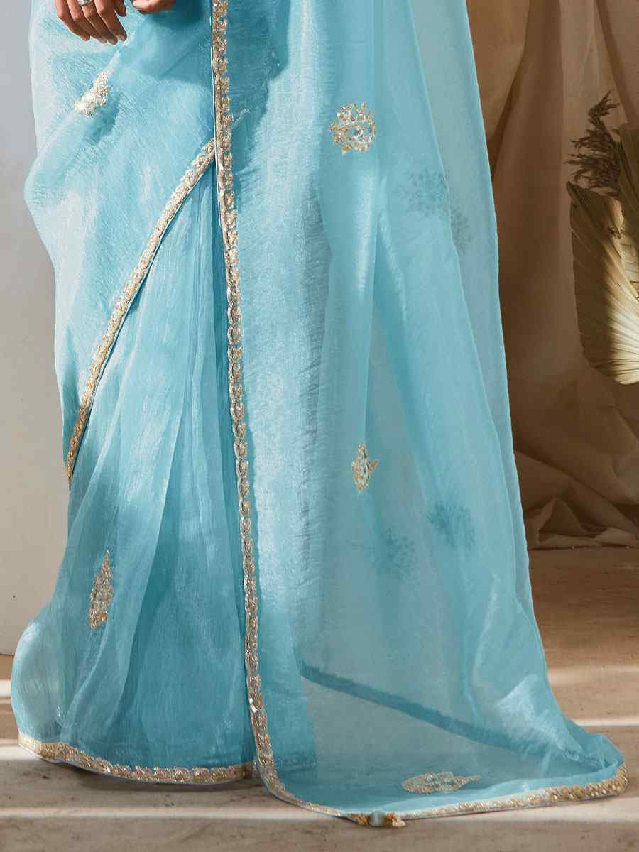 Sky Blue Silk Embroidery Traditional Bridal Reception Festival Wedding Fancy Heavy Border Saree