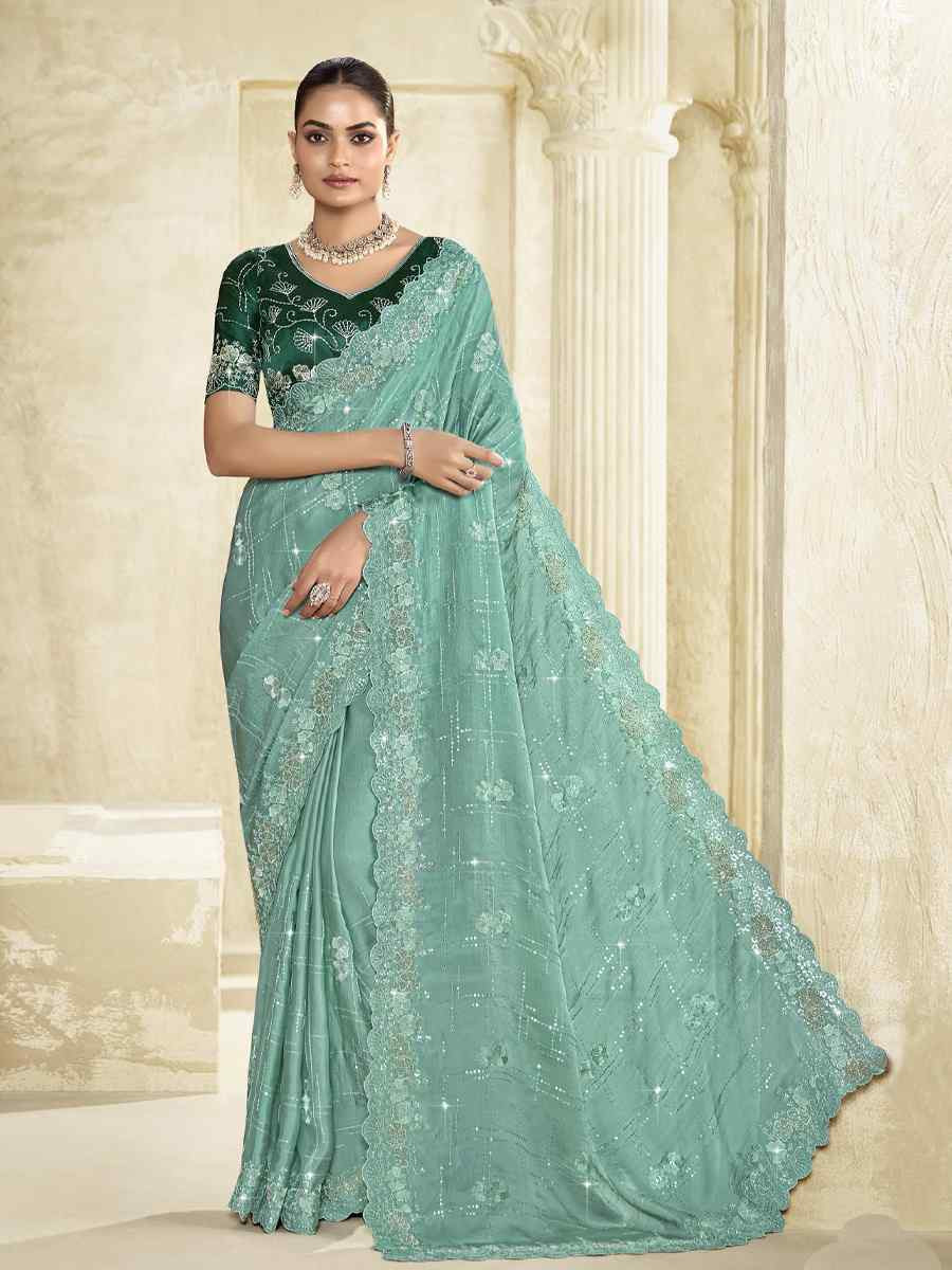 Sky Blue Silk Embroidery Traditional Bridal Reception Festival Wedding Fancy Heavy Border Saree