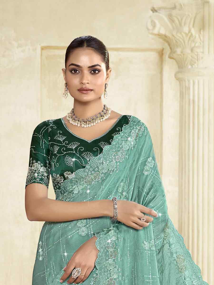 Sky Blue Silk Embroidery Traditional Bridal Reception Festival Wedding Fancy Heavy Border Saree