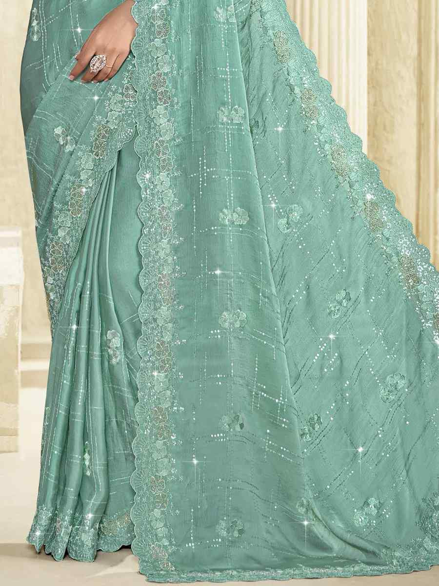 Sky Blue Silk Embroidery Traditional Bridal Reception Festival Wedding Fancy Heavy Border Saree