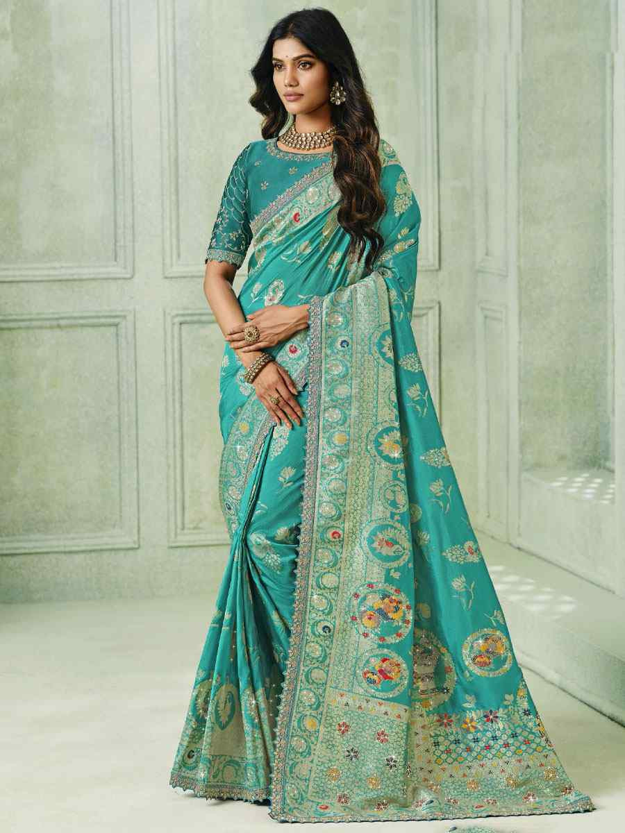 Sky Blue Silk Embroidery Traditional Bridal Reception Festival Wedding Fancy Heavy Border Saree