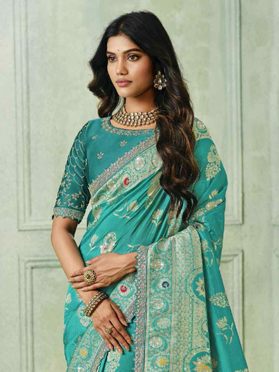 Sky Blue Silk Embroidery Traditional Bridal Reception Festival Wedding Fancy Heavy Border Saree