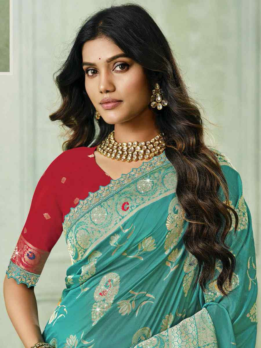 Sky Blue Silk Embroidery Traditional Bridal Reception Festival Wedding Fancy Heavy Border Saree