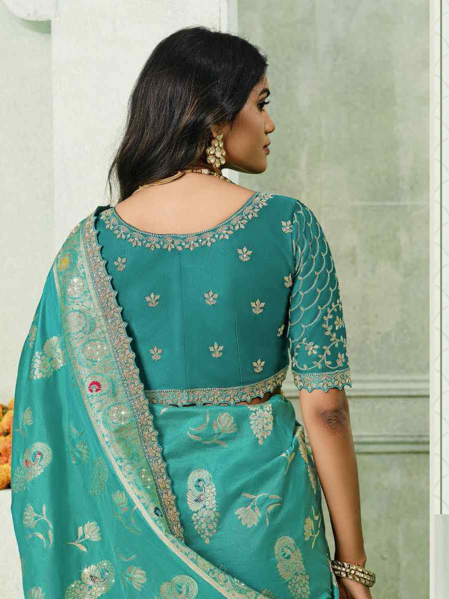 Sky Blue Silk Embroidery Traditional Bridal Reception Festival Wedding Fancy Heavy Border Saree