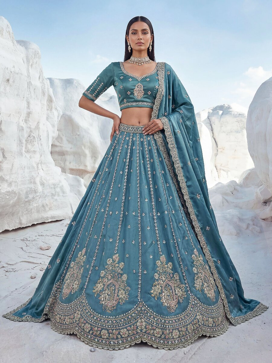 Sky Blue Silk Embroidery Zari Sequins Wedding Reception Party Festival Heavy Border Lehenga Choli