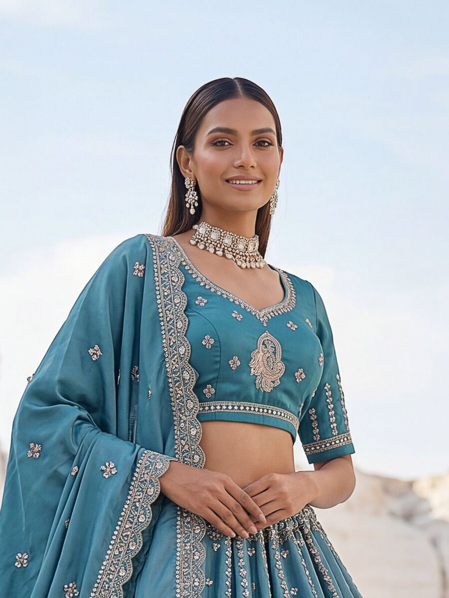 Sky Blue Silk Embroidery Zari Sequins Wedding Reception Party Festival Heavy Border Lehenga Choli