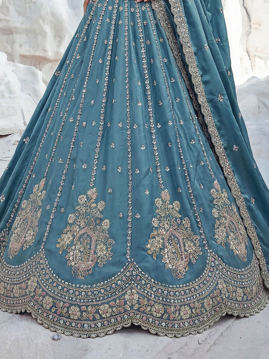 Sky Blue Silk Embroidery Zari Sequins Wedding Reception Party Festival Heavy Border Lehenga Choli