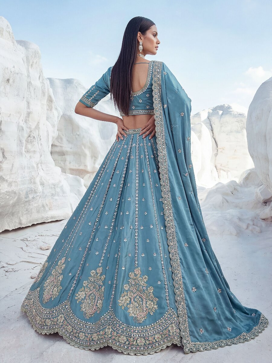Sky Blue Silk Embroidery Zari Sequins Wedding Reception Party Festival Heavy Border Lehenga Choli