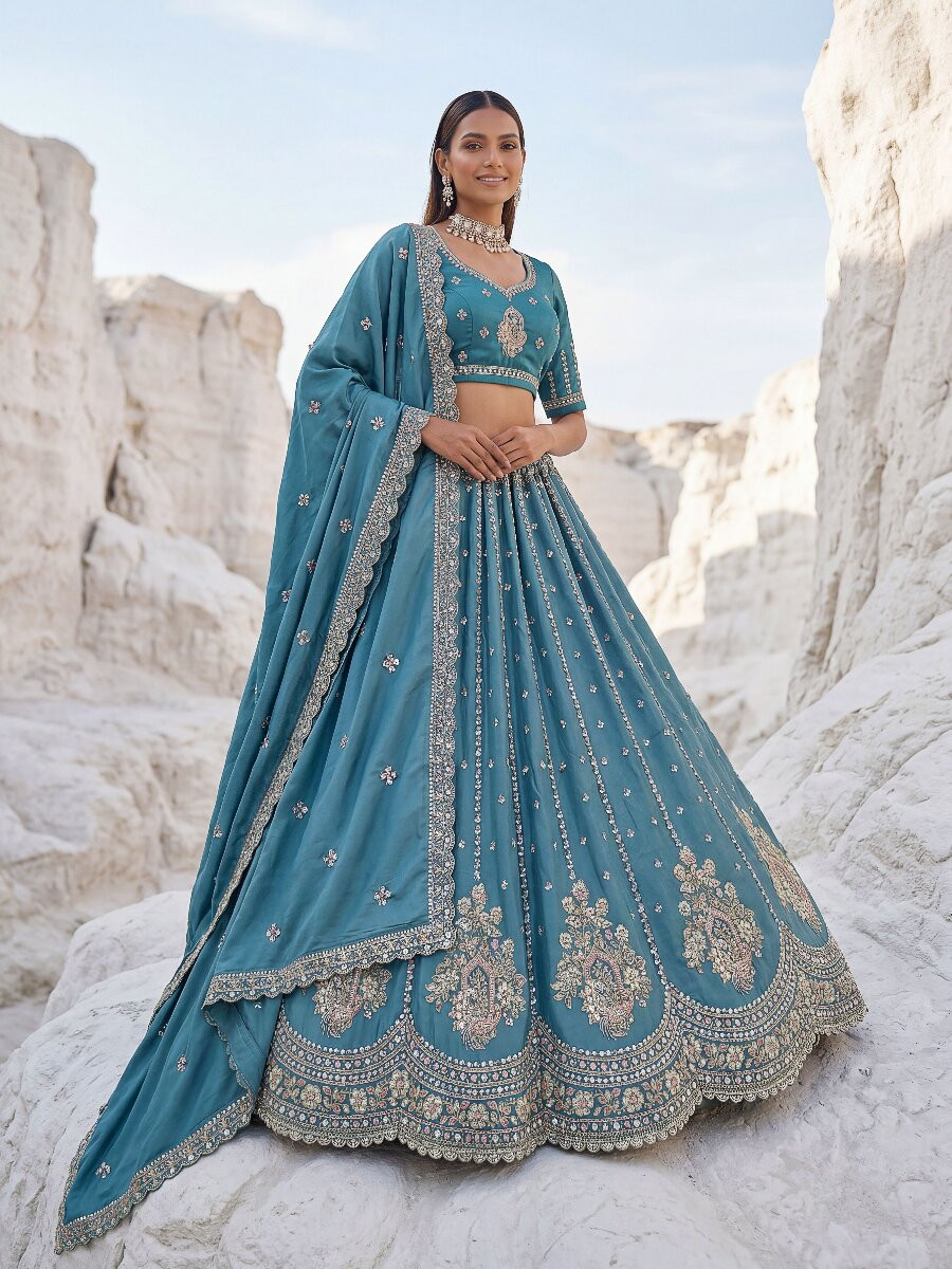 Sky Blue Silk Embroidery Zari Sequins Wedding Reception Party Festival Heavy Border Lehenga Choli