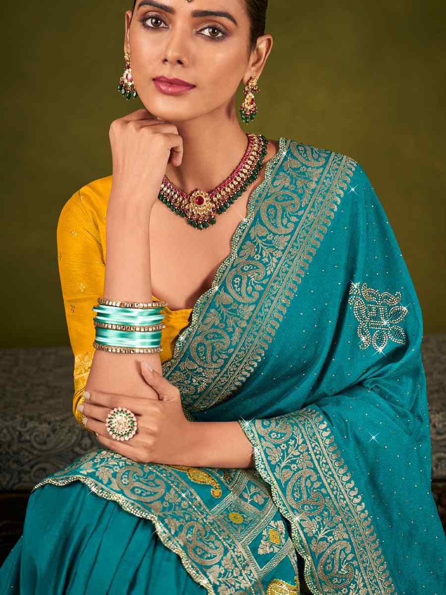 Sky Blue Silk Handwoven Bridal Reception Festival Wedding Fancy Heavy Border Saree