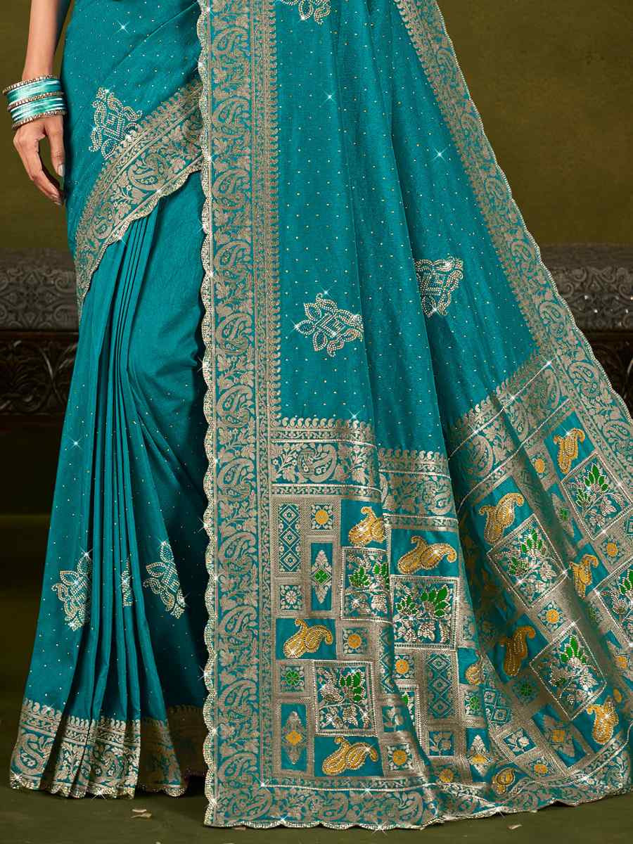 Sky Blue Silk Handwoven Bridal Reception Festival Wedding Fancy Heavy Border Saree