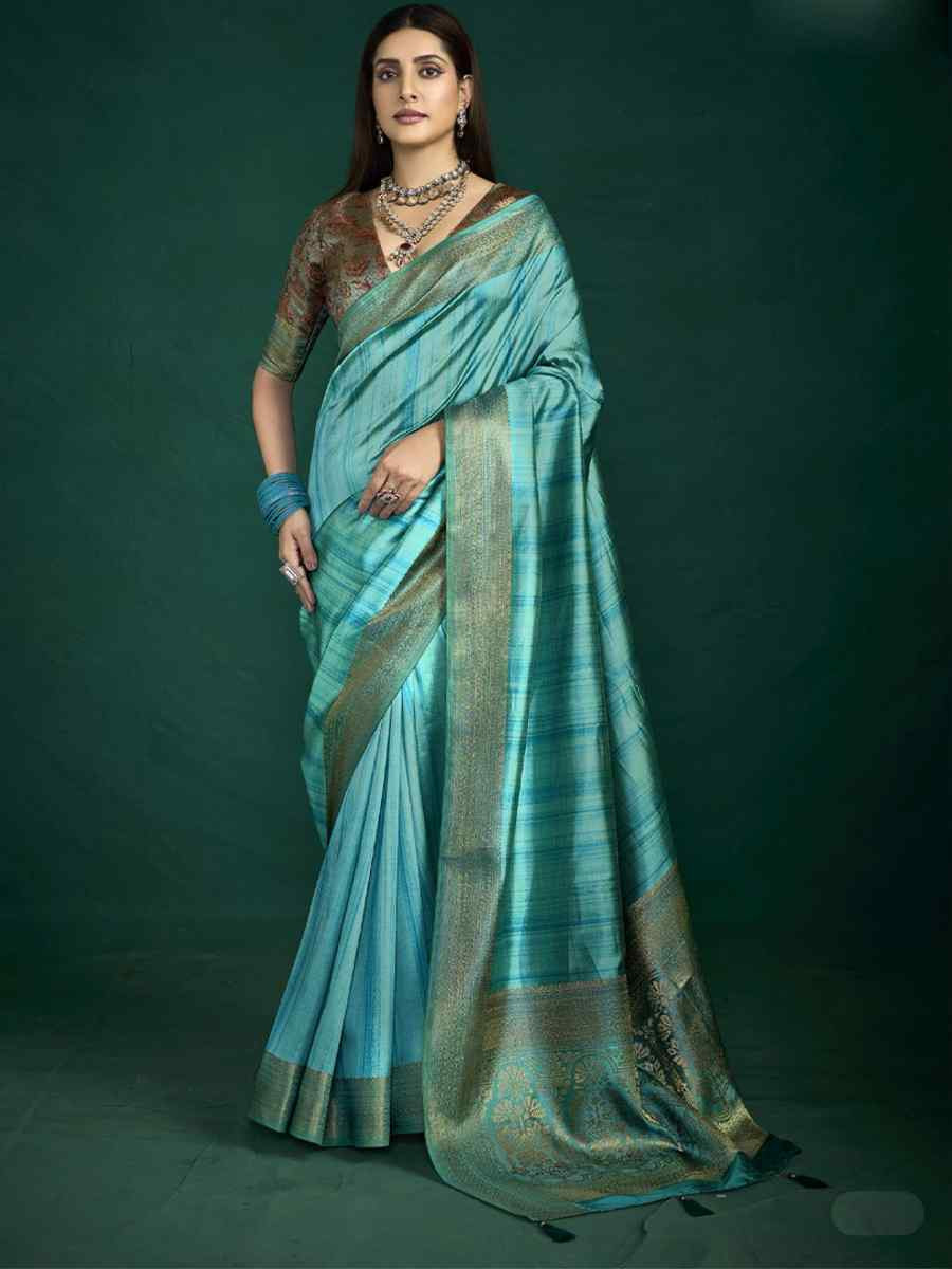 Sky Blue Silk Handwoven Bridal Reception Festival Wedding Fancy Heavy Border Saree